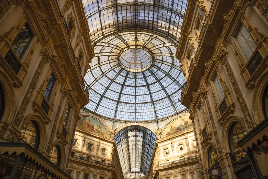 The glazed dome and ironwork of the Galleria Vittorio Emanuele II in Milan.