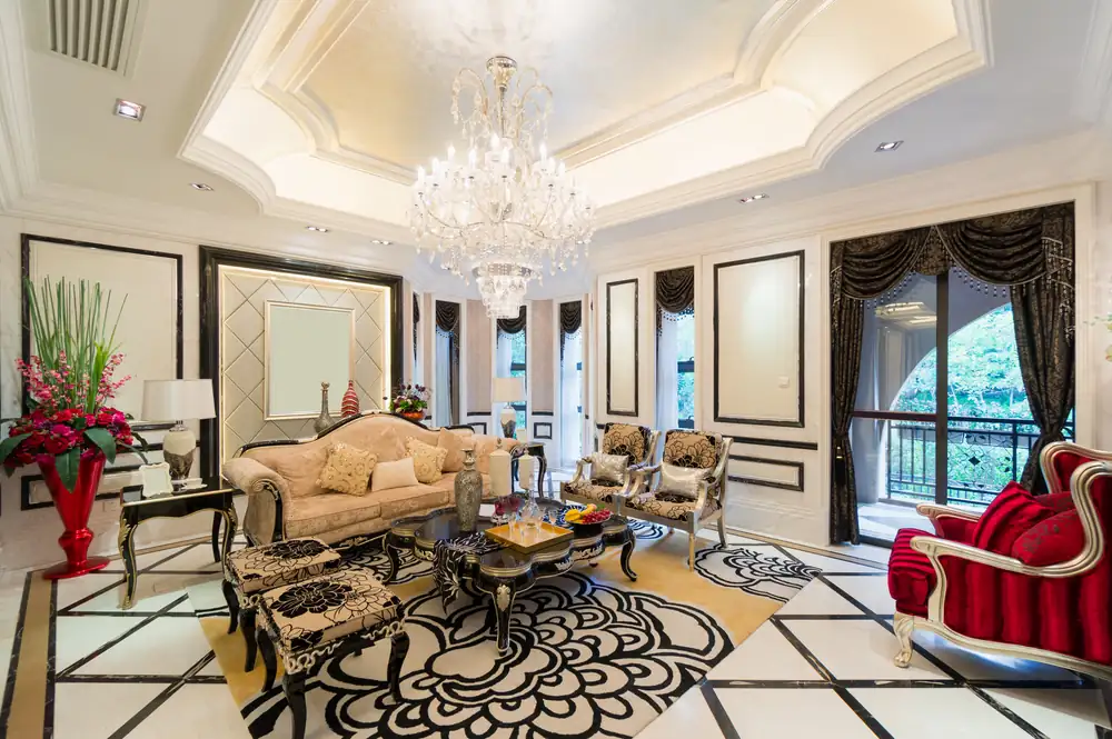 A layered reception room with ornate detailing.
