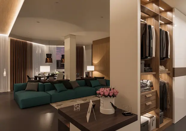 A fitted dressing area with timber joinery and integrated lighting.