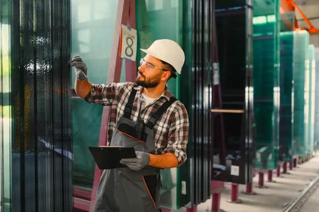A technician checking coloured glass panels racked in a production hall.