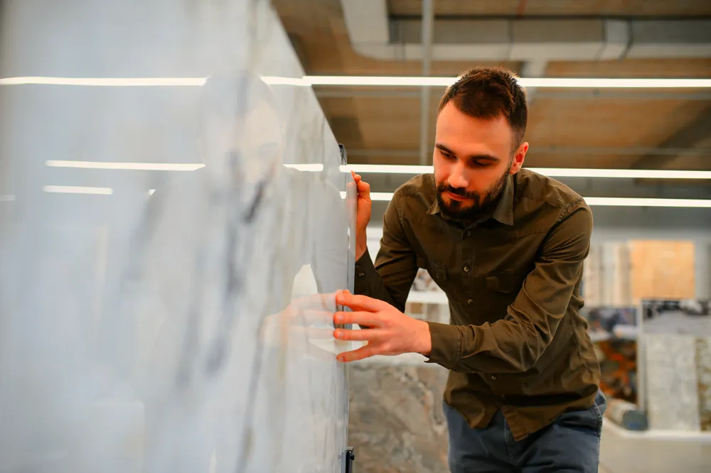 A specifier examining a large marble panel against the light.
