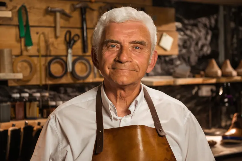 An artisan in his workshop, tools and lasts on the wall behind him.